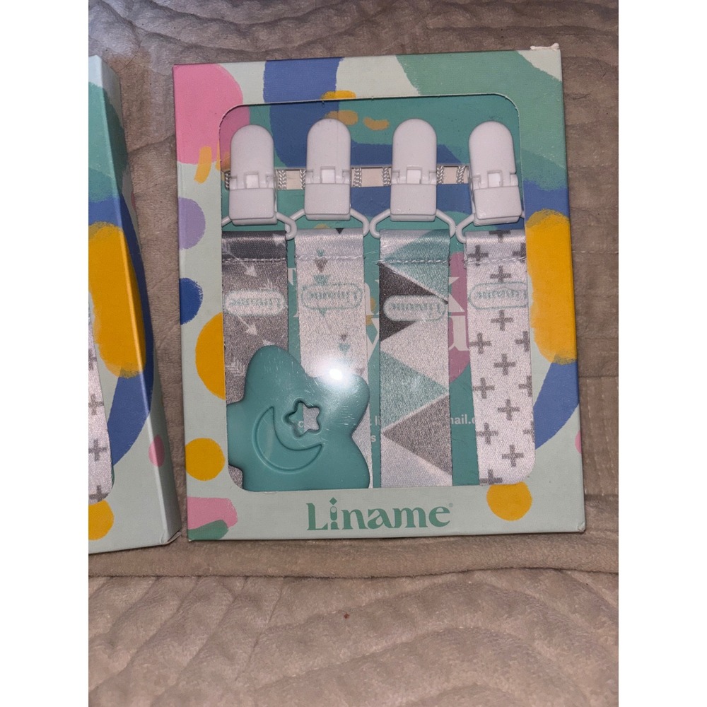 Liname Baby Pacifier Clips 4 Pack Star Moon Teal White Geometric Pattern 2pk